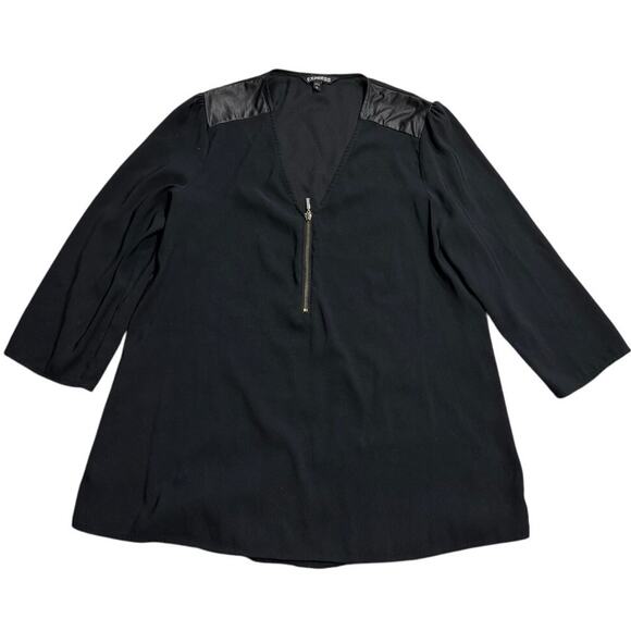 Express Blouse Half Zip V Neck Faux Leather Shoulder Lightweight Womens M Black - Picture 1 of 8